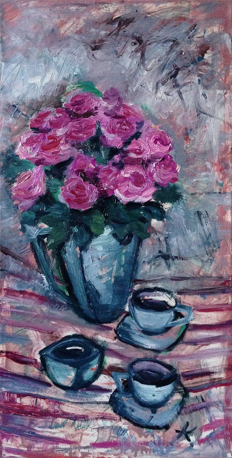 Pink Roses and Tea, oil on canvas, 40 × 70 cm